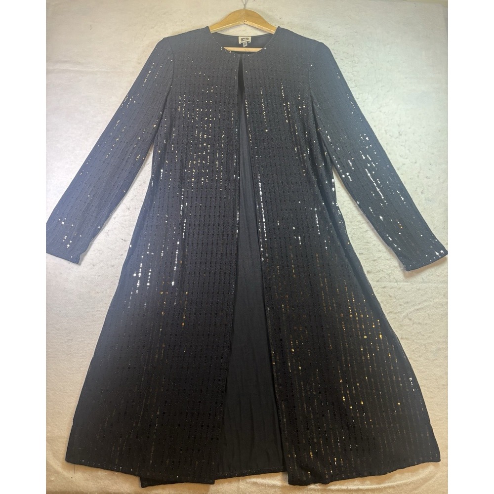 Anne Klein Sequin Duster Jacket Womens M Black Open Front Long Evening Shimmer